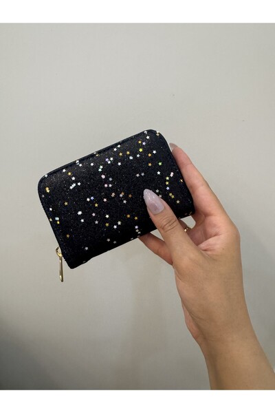 PurpleART Women's Black Glittery Star Patterned Zippered Mini Wallet & Multi-...