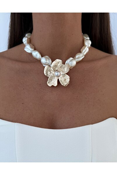 aseh shop Barok İncili Altın Detaylı Kolye