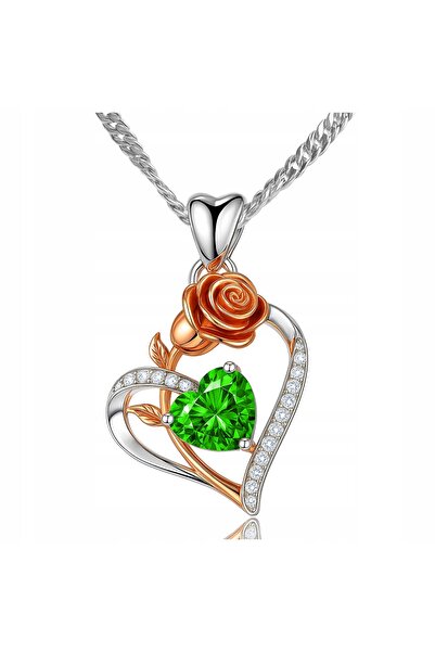 Larezo 925 Silver Necklace, Heart Pendant With Rose Flower And Green Crystal,...