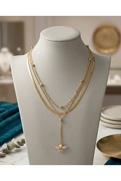 SNY Butik Gold Renk Arı figürlü Zirkon Taşlı Çoklu Y Kolye