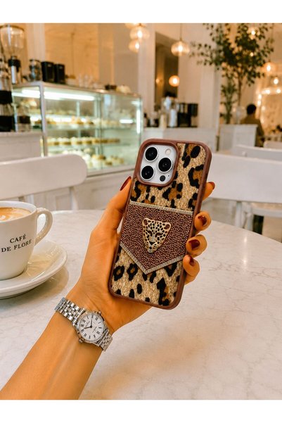 OLEA AKSESUAR iPhone 15 Pro Max Case Leopard Pattern Feathered Stone Embroidered Premium Phone Case