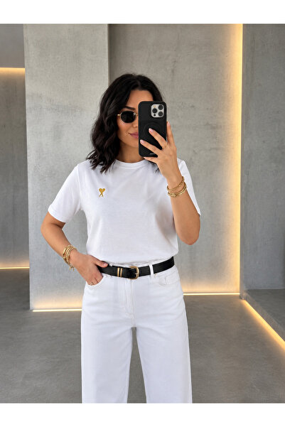 SOLEA TEKSTİL Gold Metal Kalpli T-shirt Kadın
