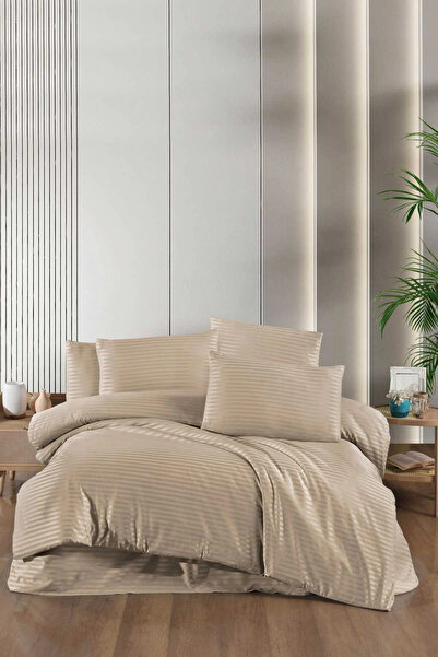 Mira Home Stripe Saten Line Double Duvet Cover Set Beige