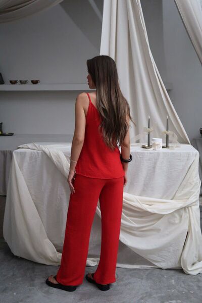 Tumtum Wear Thin Strap V-Neck Blouse and High Waist Aerobin Pants Bottom Top Set