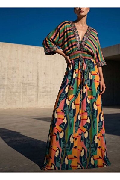 moda gk V-Neck Ethnic Patterned Imported Maxi Silk Dress