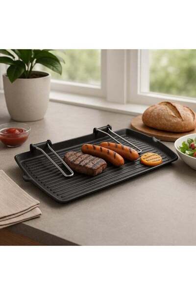 B & S B&S Cast Iron Grill Pan 28x50cm – Heavy-Duty BBQ Grill with Grooved Sur...