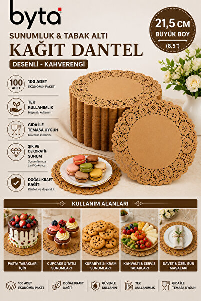BYTA 100 Adet 21,5 cm Kahverengi Dantel Kağıt Sunumluk – Yuvarlak Tek Kullanı...