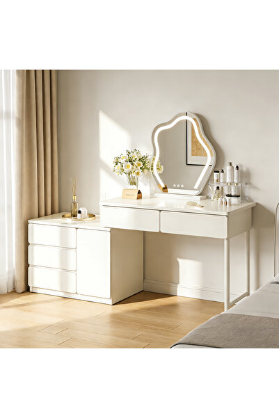 HI-FINE Retractable Makeup Vanity Table with LED Lighted Mirror, 3 Color Ligh...