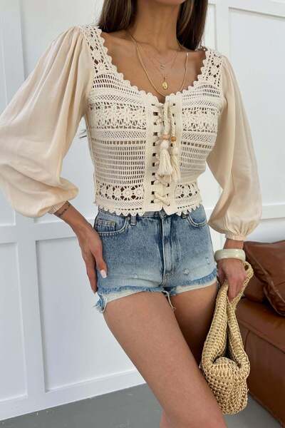 mylove Balloon Sleeve Lace Blouse Stone