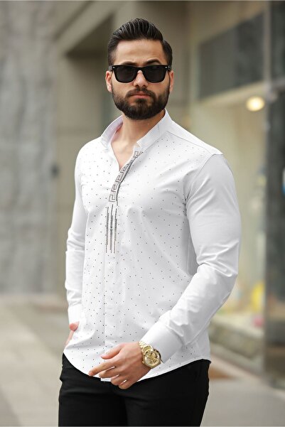 BAYIM Nokta Desenli Hakim Yaka Erkek Slim Fit Gömlek