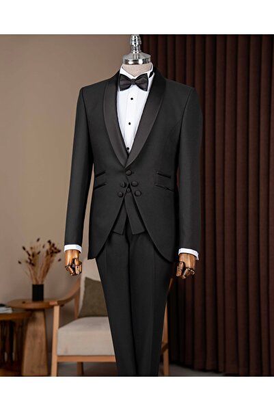 TerziAdemAltun Slim fit erkek şal yaka ceket yelek pantolon damatlık set siya...