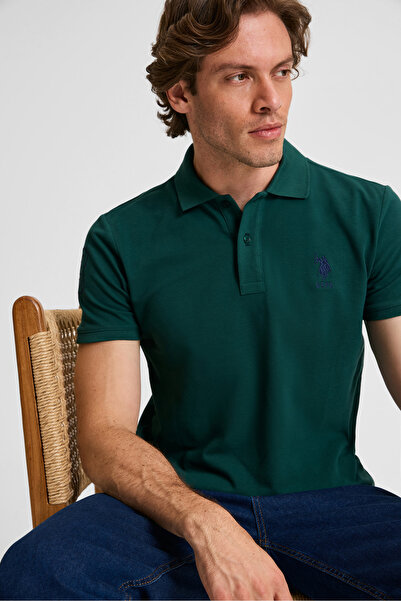 U.S. Polo Assn. Erkek Slim Fit Polo Yaka Koyu Yeşil Basic Tişört 50326920-VR079