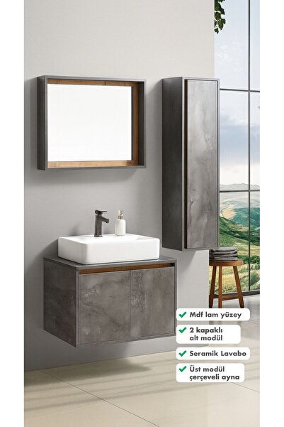 artva PEDRO Antrasit Çam 80 cm %100 Mdf Seramik Lavabolu Banyo Dolabı + Aynal...