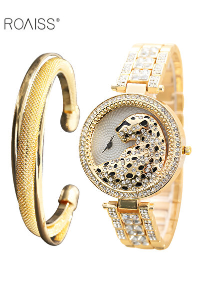 ROAISS Women's Alloy Strap Quartz Watch with Leopard Head Pattern 2 Pieces Ro...