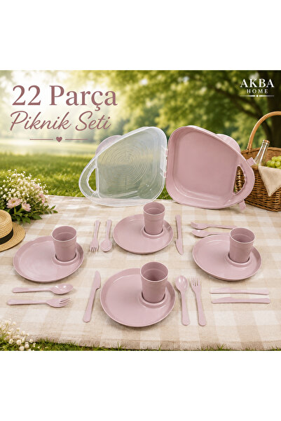 AKBA HOME 22 Parça Piknik Seti Taşınabilir Çantalı 4 Kişilik Tabak Bardak Çat...