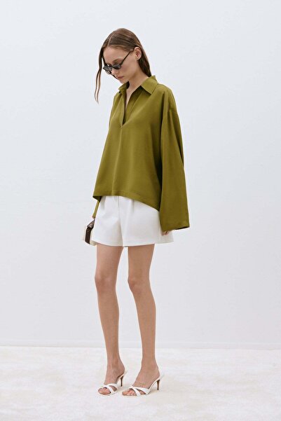 Suud Collection Oil Green Alessa Polo Collar Tencel Blouse