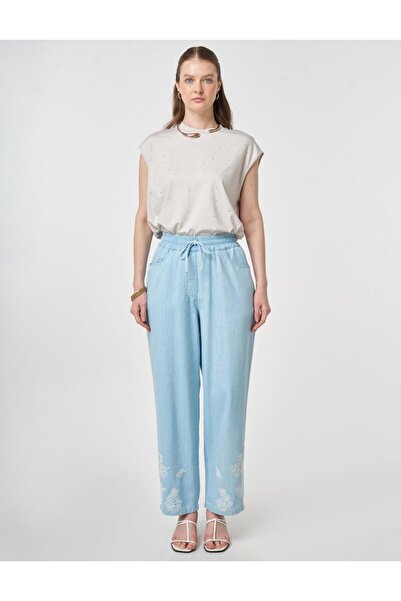 Kayra Yıkamalı Paçası Nakış İşlemeli Denim Pantolon 79023