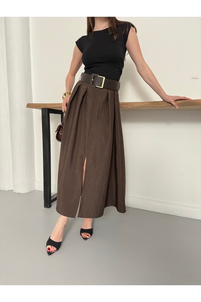 BELISTIL Cupra Fabric Belted High Waist Slit Pleated Midi Skirt