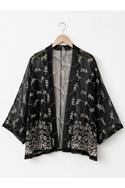 Retrobird Design din dantelă transparentă Boho Mini Kimono Femei Negru Alb