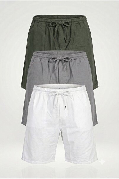 Siyah İz Men's 3-Piece Linen Shorts Set with Elastic Waistband