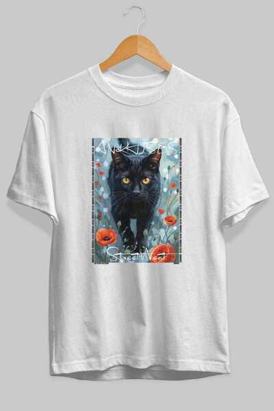 Ankhises For the Sake of Cat Love 60 Front Cat Printed White Oversize T-Shirt...
