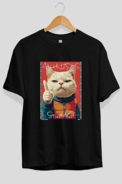 Ankhises For the Love of Cats 59 Front Cat Printed Black Oversize T-Shirt 100...