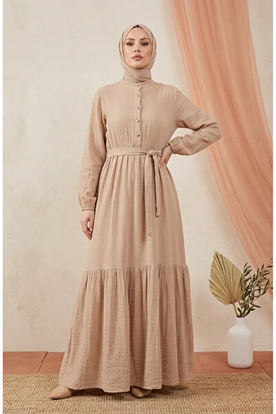 sefamerve Hakim Collar Half Button Belted Dress 0302-03 Beige