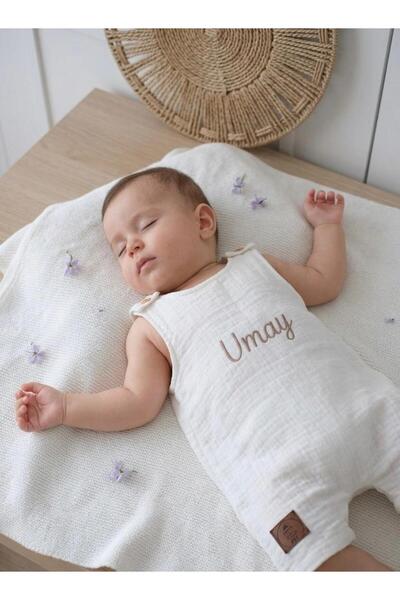 Baby Clime İsim Nakışlı Müslin Salopet Askılı Yazlık Bebek Tulumu