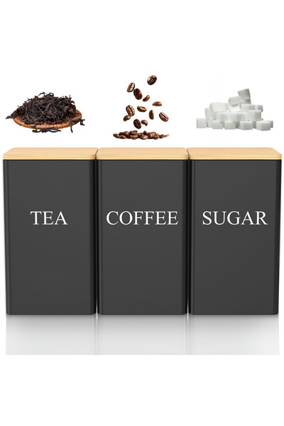 Generic مجموعة من 3 علب معدنية للمطبخ، أوعية تخزين للقهوة والشاي والسكر مع غط...