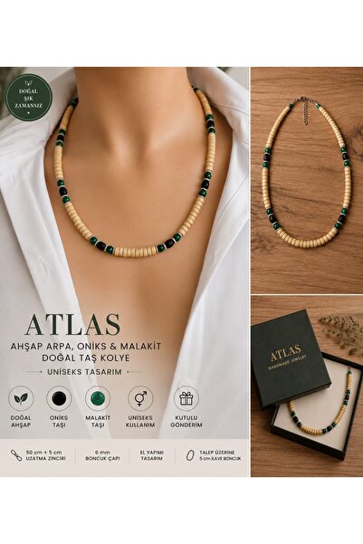 Sinem Şanlı Atelier Atlas Malachite and Onyx Natural Stone Wooden Beaded Unis...