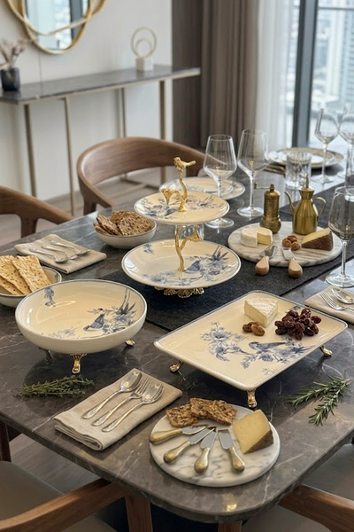 MAY HOME 3 Parça Porselen Tabak Kase Sunum Seti & Ayaklı Sunulmuk Kurabiyelik