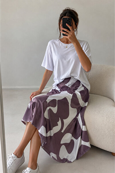 Mava Lady Kadın Desenli Etek ve Oversize T-shirt İkili Takım Set