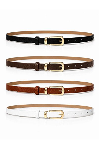 ELVEA Women's Thin Belt Set of 4 Seyah White Tan Brown Faux Leather with Gold...
