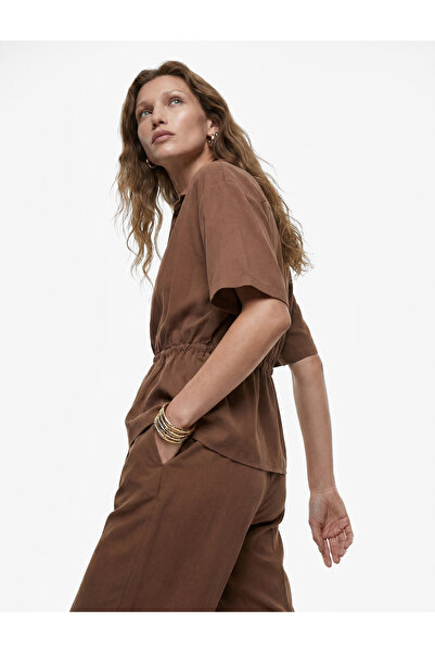 Koton Viscose Double-Breasted Collar Lace-Up Waist Short Sleeve Shirt