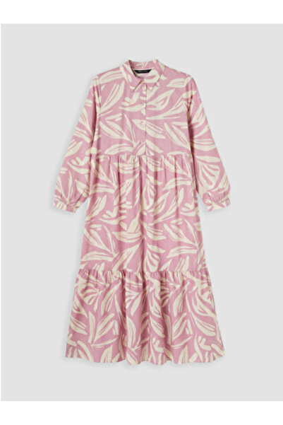 LC Waikiki New Season Pink Shirt Collar Patterned Layered Dress