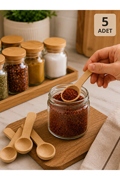 EUROLUXE 5'li Mini Bambu Baharat Kaşığı Ahşap Şeker Tuz Kahve Ölçü Kaşığı Doğ...
