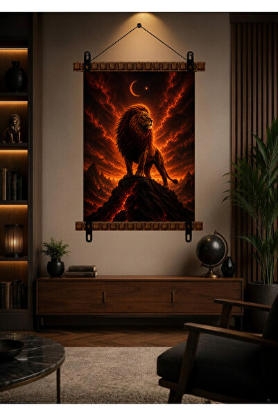 Galatea Treasures Masif Ahşap Askılı Premium Duvar Posteri – Aslan Temalı Dek...