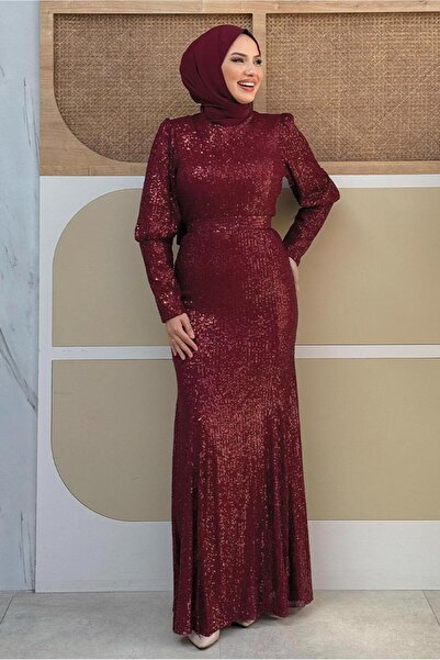 TRENDTESETTÜR KADIN BORDO PUL PAYETLİ ABİYE ELBİSE T 8583