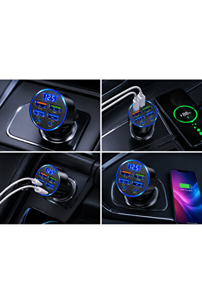 SARFEX Hızlı Araç Çakmaklık Şarj Cihazı 6 Portlu 4 USB + 2 Type-C Çıkışlı Dijital Göstergeli Oto Şarjı