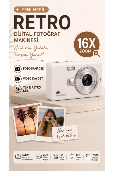 FaroxTech Retro Dijital Fotoğraf Makinesi 50MP Fotoğraf Çözünürlüğü 2.7K Vide...