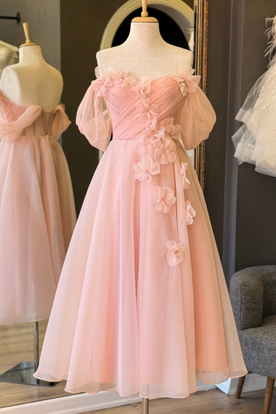 Lenta Moda Pudra Drapeli Çiçekli Karolin Etek Midi Parti Elbisesi