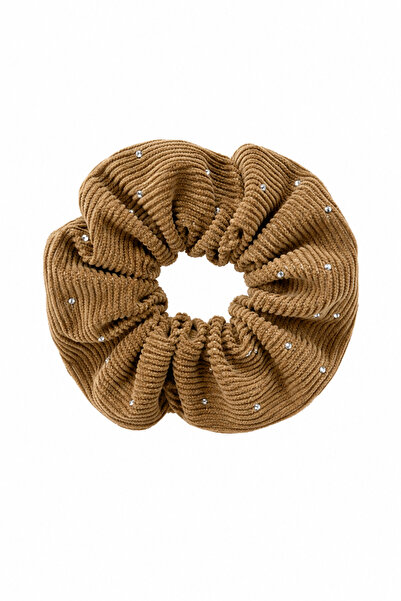 Jack Ferrero Luxury Kadın Taşlı Fitilli Kadife Scrunchie Saç Tokası Kahverengi