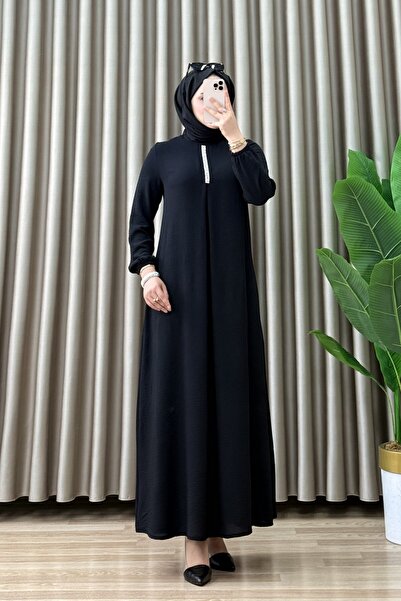 ALYA ZÜLAL ELBİSE Ayrobin Kumaş Kadın Siyah Yaka Yapıştırma Taş Detaylı Teset...
