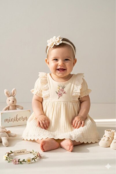 MİNİBORN Organic Floral Embroidery Patterned Short Sleeve Baby Girl Set of 2