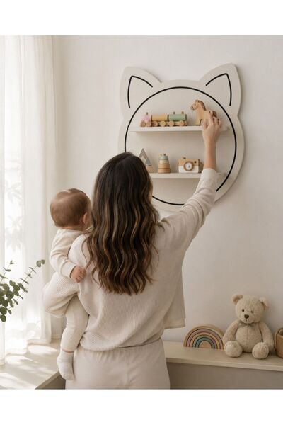 Rast Tasarım Kedi Figürlü Ahşap Çocuk Odası Duvar Rafı – Montessori Dekoratif...