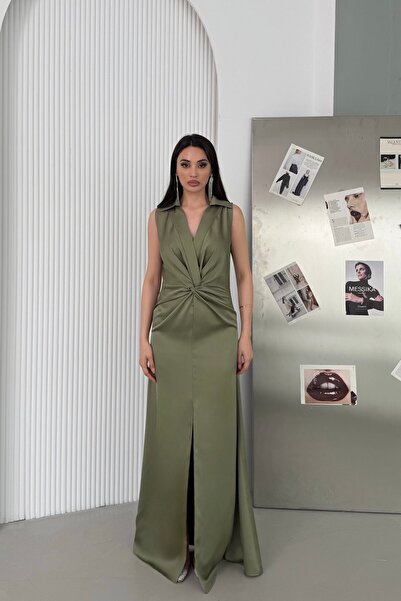 Serica Moda Khaki Shirt Collar Tie Detail Sleeveless Satin Dress