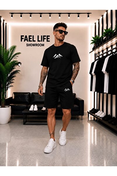 FAEL LİFE Unisex Wide Cut T-Shirt and Shorts Set with Mountain View Print
