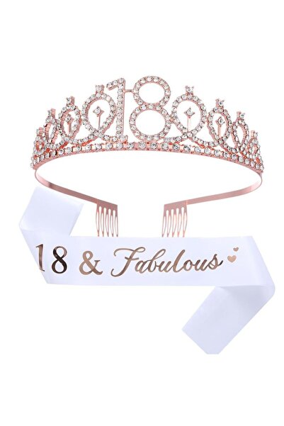Flippy Set 2 Piese Majorat, Coroniță Rose Gold cu Pietre și Panglică 18 & Fab...