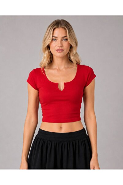 Sctwo2 Women's U-Neck Drop Detailed Short Sleeve Crop Blouse Red