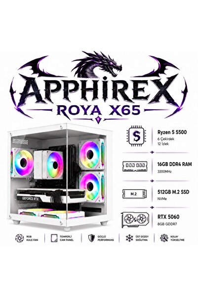 Apphirex ROYA X65 Ryzen 5 5500 16GB RAM 512GB M2 SSD RTX5060 GDDR7 Beyaz Masa...